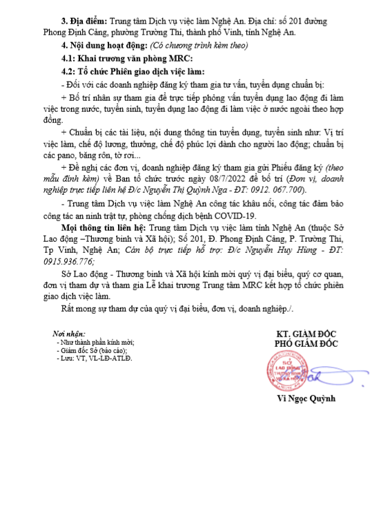 Thư mời: Lễ khai trương Trung tâm MRC Nghệ An, Kết hợp tổ chức Phiên GDVL Trong và Ngoài nước